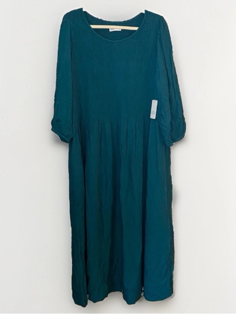 NEW Croft & Barrow Size 3X Midi Dress Knee Green Teal Smocked 3/4 Sleeve Fall